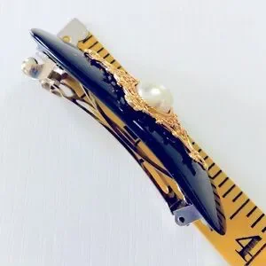 Neiman Marcus VTG 80s Black Lacquer Hair Clip with Gold & Pearl Medallion 3 1/2\